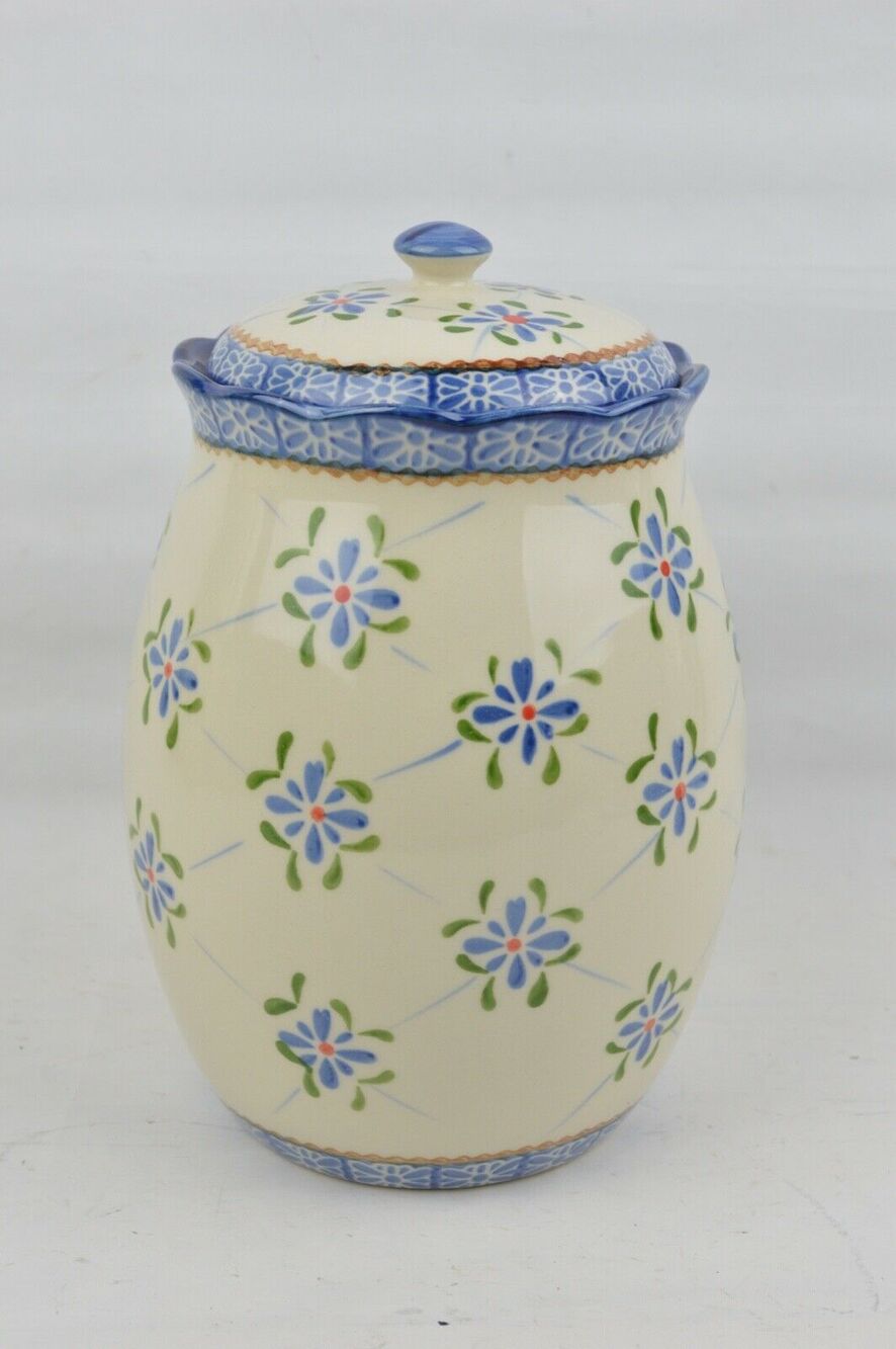 Temptations Trellis Tona Ceramic Cookie Jar Canister 8" Blue Floral Stoneware